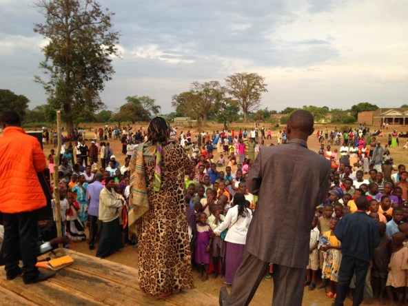 Speaking to the gathered crowd in Butaleja. 